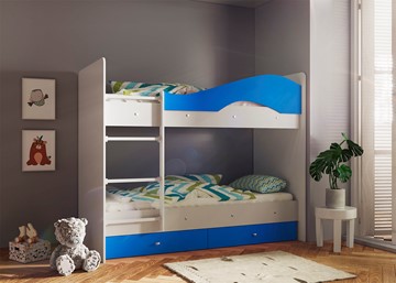 Двухэтажная кровать ТМК Мая с 2 ящиками на щитах, корпус Млечный дуб, фасад Синий в Сызрани