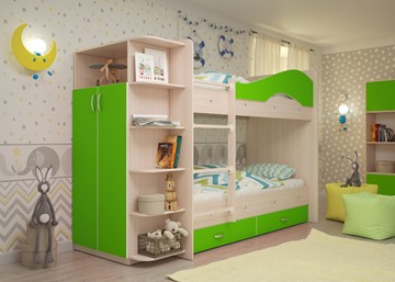 Детская двухъярусная кровать ТМК Мая на щитах со шкафом и ящиками, корпус Млечный дуб, фасад Салатовый в Тольятти