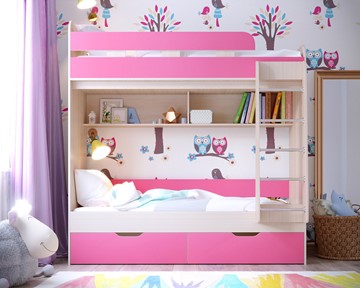 Детская двухъярусная кровать Ярофф Юниор-5, каркас Дуб, фасад Розовый в Сызрани