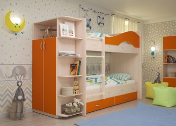 Двухэтажная детская кровать ТМК Мая на щитах со шкафом и ящиками, корпус Млечный дуб, фасад Оранжевый в Тольятти