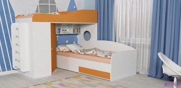 Кровать-чердак детская Кадет-2 с металлической лестницей, корпус Белое дерево, фасад Оранжевый в Тольятти