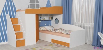 Кровать-чердак в детскую Кадет-2 с универсальной лестницей, корпус Белое дерево, фасад Оранжевый в Тольятти