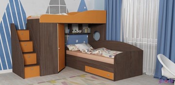 Детская кровать-шкаф Кадет-2 с универсальной лестницей, корпус Ясень анкор темный, фасад Оранжевый в Сызрани
