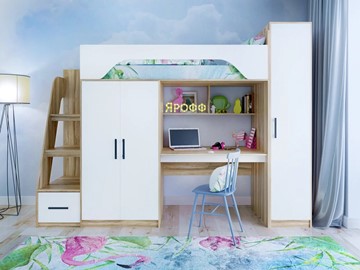 Детская кровать-чердак с шкафом Ярофф Тея, каркас Ясень, фасад Белый в Тольятти