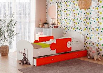 Детская кровать с бортиками и ящиком Мозайка, корпус Белый/фасад Оранжевый (ламели) в Сызрани