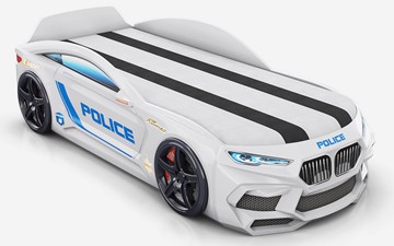 Кровать-машина Romeo-М Police + подсветка фар, ящик, матрас, Белый в Тольятти