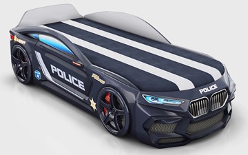 Кровать-машина Romeo-М Police + подсветка фар, ящик, матрас, Черный в Тольятти
