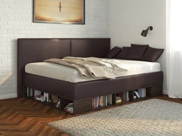 Полутороспальная детская кровать Lancaster 1, 120х200, ЛДСП венге, экокожа коричневая в Тольятти