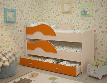 Двухъярусная детская кровать ТМК Радуга 1.6 с ящиком, корпус Млечный дуб, фасад Оранжевый в Тольятти