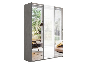 Шкаф 3-дверный Широкий Прайм (2 Зеркала / Стекло белое) 2400x570x2300, Бетон в Тольятти