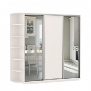 Шкаф 3-х дверный Экспресс (Зеркало/ДСП/Зеркало) со стеллажом, 2400х600х2400, белый снег в Тольятти