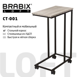 Стол журнальный BRABIX "LOFT CT-001", 450х250х680 мм, на колёсах, металлический каркас, цвет дуб антик, 641860 в Сызрани