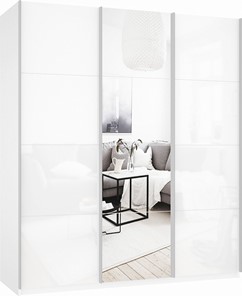 Шкаф-купе Прайм (Белое стекло/Зеркало/Белое стекло) 1800x570x2300, белый снег в Тольятти