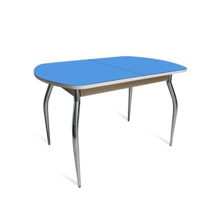 Стеклянный кухонный стол ПГ-05 СТ2, дуб молочный/синие стекло/35 хром гнутые металл в Тольятти