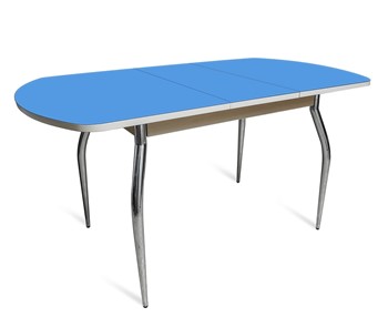 Обеденный раздвижной стол ПГ-07 СТ2, дуб молочный/синие стекло/35 хром гнутые металл в Сызрани