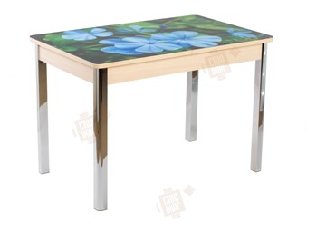 Кухонный стол раскладной Айсберг-01 СТФ, дуб/фотопечать фиалка/ноги хром квадратные в Тольятти