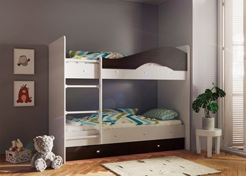 Детская  двухъярусная кровать Мая с 2 ящиками на щитах, корпус Млечный дуб, фасад Венге в Самаре - предосмотр