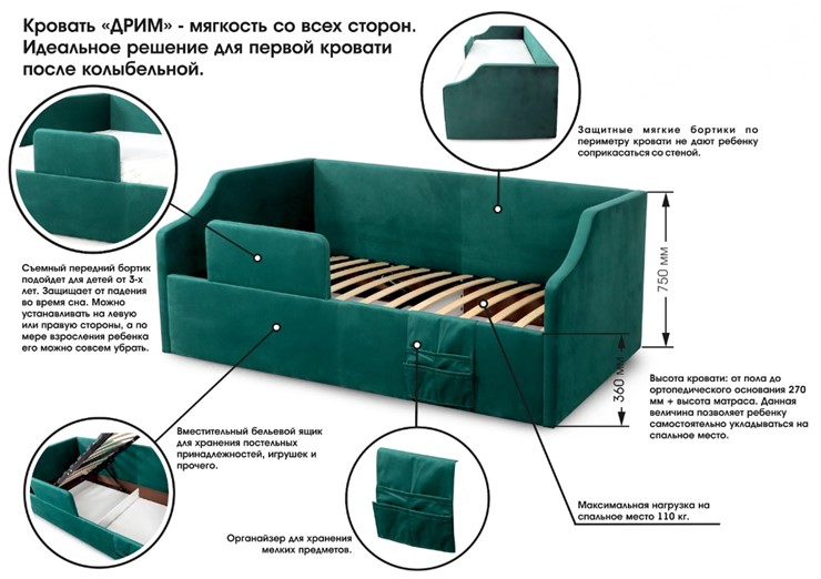 Детская кровать с подъемным механизмом Дрим, Мора зеленый в Тольятти - изображение 10