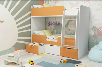 Детская 2-х ярусная кровать Малыш двойняшка 70х160, корпус Белое дерево, фасад Оранжевый в Самаре - предосмотр