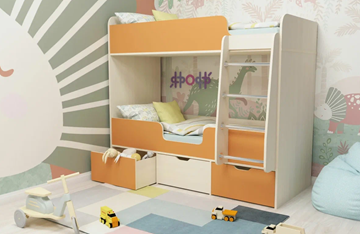 Детская 2-этажная кровать Малыш двойняшка 70х160, корпус Дуб молочный, фасад Оранжевый в Самаре - предосмотр