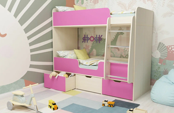 Детская двухэтажная кровать Малыш двойняшка 70х160, корпус Дуб молочный, фасад Розовый в Тольятти