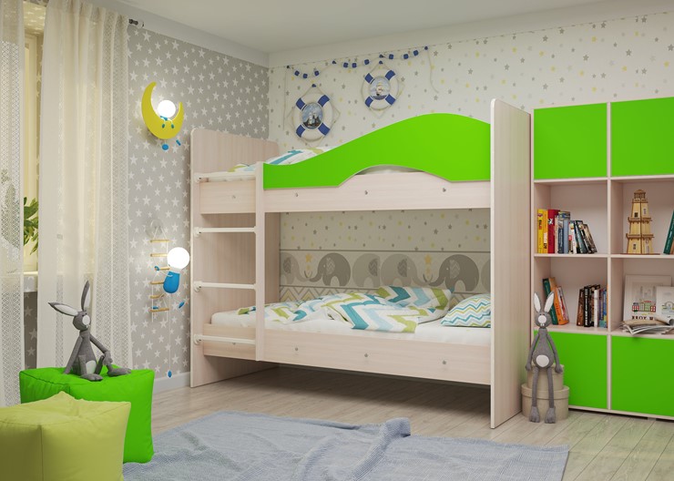 Детская двухэтажная кровать Мая на щитах, корпус Млечный дуб, фасад Салатовый в Сызрани - изображение 1