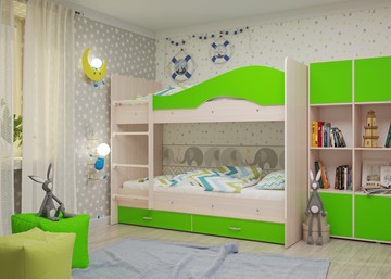 Детская двухъярусная кровать Мая на щитах со шкафом и ящиками, корпус Млечный дуб, фасад Салатовый в Самаре - предосмотр 1