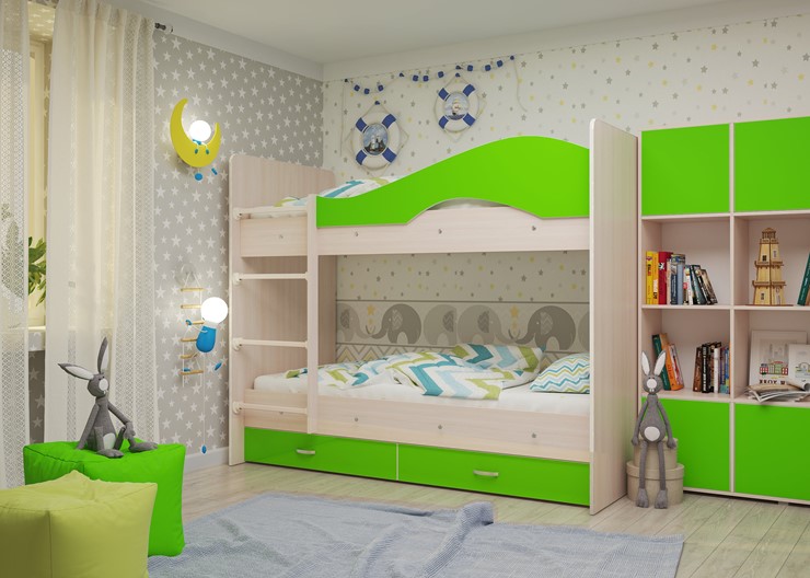 Детская двухъярусная кровать Мая на щитах со шкафом и ящиками, корпус Млечный дуб, фасад Салатовый в Самаре - изображение 1