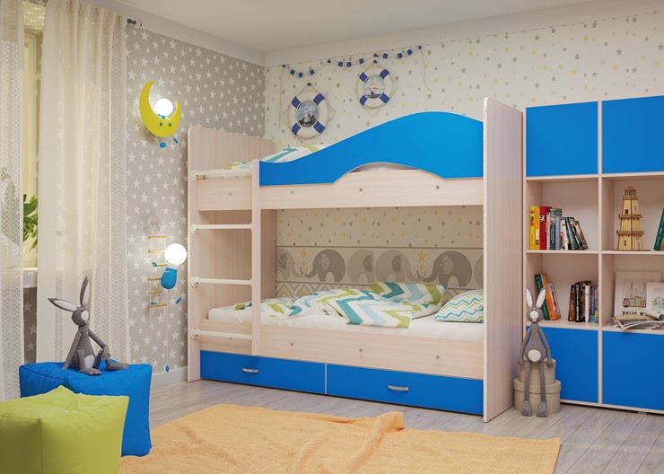 Детская 2-этажная кровать Мая на щитах со шкафом и ящиками, корпус Млечный дуб, фасад Синий в Тольятти - изображение 2