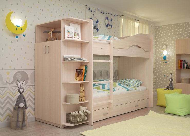 Детская двухэтажная кровать Мая с 2 ящиками на щитах, цвет Млечный дуб в Тольятти - изображение 2