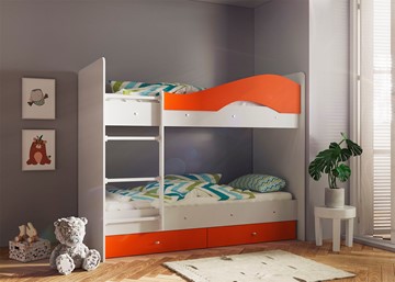Детская 2-х ярусная кровать Мая с 2 ящиками на щитах, корпус Млечный дуб, фасад Оранжевый в Тольятти - предосмотр