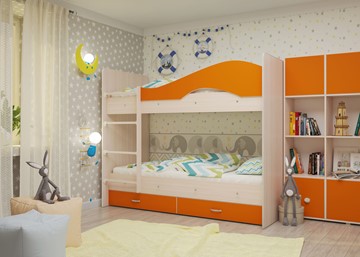 Детская 2-х ярусная кровать Мая с 2 ящиками на щитах, корпус Млечный дуб, фасад Оранжевый в Тольятти - предосмотр 3