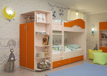 Детская 2-х ярусная кровать Мая с 2 ящиками на щитах, корпус Млечный дуб, фасад Оранжевый в Тольятти - предосмотр 1
