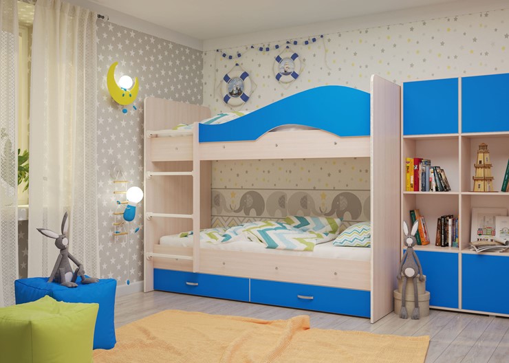 Двухэтажная кровать Мая с 2 ящиками на щитах, корпус Млечный дуб, фасад Синий в Самаре - изображение 3