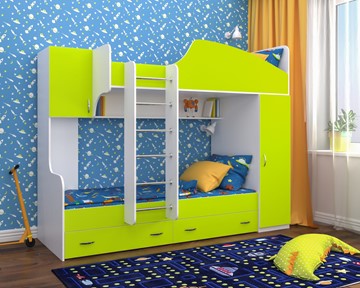 Двухэтажная детская кровать Юниор-2, каркас Белое дерево, фасад Лайм в Тольятти - предосмотр