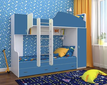 Детская 2-этажная кровать Юниор-2, каркас Белое дерево, фасад Лазурь в Сызрани