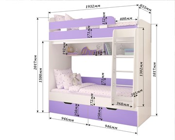 Двухэтажная детская кровать Юниор-5, каркас Белое дерево, фасад Ирис в Тольятти - предосмотр 1