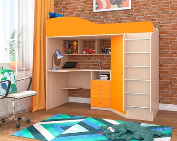 Кровать-чердак детская Кадет-1 с металлической лестницей, корпус Дуб, фасад Оранжевый в Тольятти - предосмотр