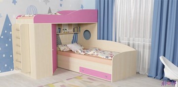 Детская кровать-чердак Кадет-2 с металлической лестницей, корпус Дуб, фасад Розовый в Тольятти - предосмотр