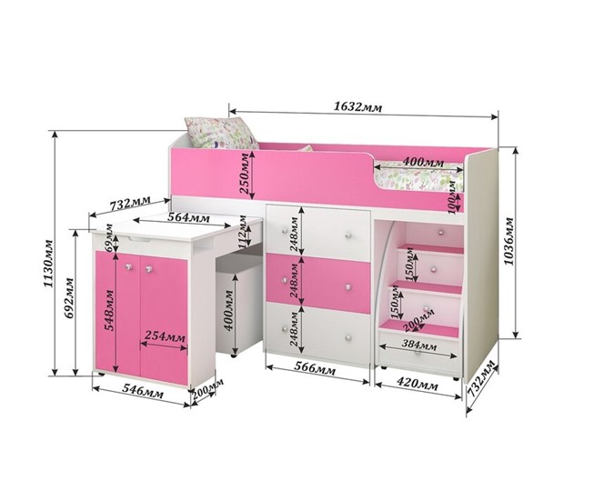 Кровать-чердак Малыш 1600, корпус Дуб, фасад Розовый в Самаре - изображение 1