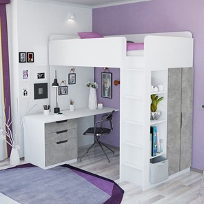 Кровать 2-х ярусная с письменным столом и шкафом POLINI Kids Simple Белый / Бетон в Тольятти - предосмотр 1