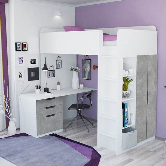 Кровать 2-х ярусная с письменным столом и шкафом POLINI Kids Simple Белый / Бетон в Сызрани - изображение 1