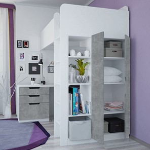 Кровать 2-х ярусная с письменным столом и шкафом POLINI Kids Simple Белый / Бетон в Тольятти - предосмотр 2