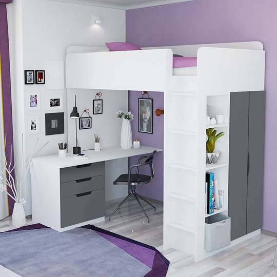 Кровать-чердак с письменным столом и шкафом POLINI Kids Simple Белый / Серый в Самаре - изображение 3