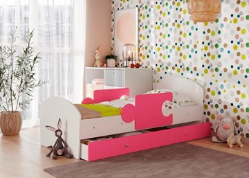 Детская кровать с ящиком и бортиками Мозайка, корпус Белый/фасад Розовый (щиты) в Самаре