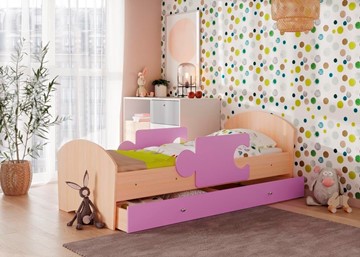 Кровать детская с бортиками и ящиком Мозайка, корпус Млечный дуб/фасад Ирис (щиты) в Тольятти