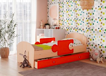 Кровать детская с ящиком и бортиками Мозайка, корпус Млечный дуб/фасад Оранжевый (щиты) в Тольятти