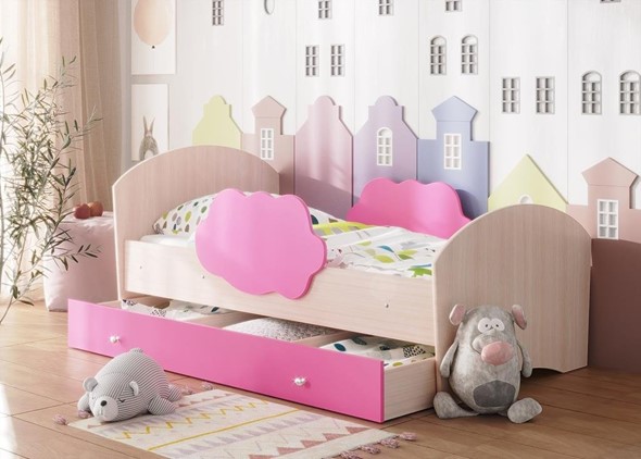 Детская кровать Тучка с ящиком, корпус Дуб млечный, фасад Розовый в Тольятти - изображение