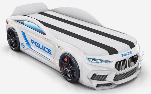 Кровать-машина Romeo-М Police + подсветка фар, ящик, матрас, Белый в Тольятти - изображение