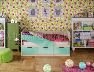 Кровать в детскую Бабочки 800*1600, Бирюза глянец в Тольятти